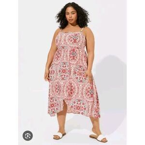 Torrid Tea Length Challis Square Neck Sleeveless Dress Red Americana Size 1X